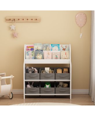 Kids Bookshelf with 6 Fabric Bins, Multi-Functional Bookcase & Toy Organizer - White/Gray