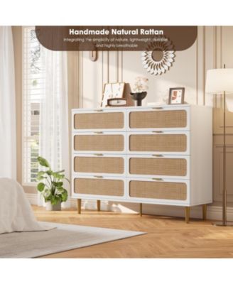 Rattan 8 Drawer Dresser for Bedroom, Tall Chest of Drawers with Deep Storage and Wide Top