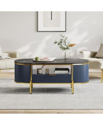 48" Oval Coffee Table with Fluted Design & Faux Marble Top, Modern Center Table with Drawers