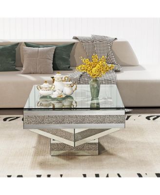   Modern Glam Mirrored Coffee Table with Acrylic Diamond Accents