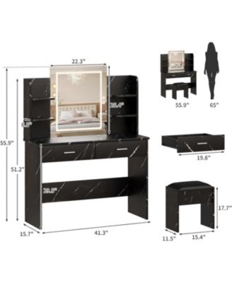 Vanity Desk with Mirror and Lights, Makeup Vanity Set with Desk and Stool, Black