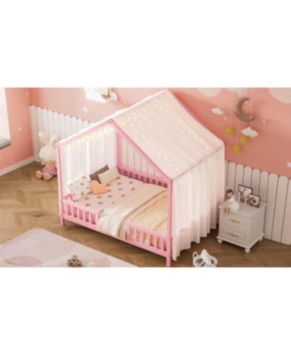 Montessori Floor Bed with Canopy, Full Size House Shape Toddler Bed Frame