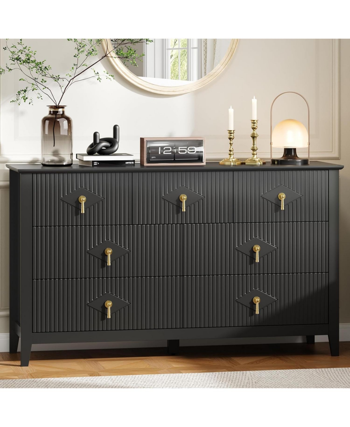 gaomon 54" Wide Modern Dresser, 7 Drawer Fluted Wood Chest, Tv Stand and Storage Organizer for Living Room, Black - Black