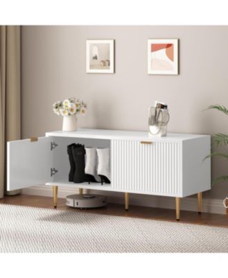 Shoe Storage Cabinet, Fluted Entryway Bench with 2 Doors for Hallway & Living Room, White