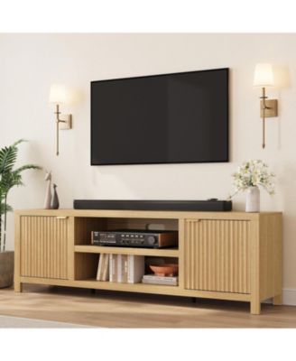Fluted TV Stand for 80 Inch TV, Modern Entertainment Center with Storage & Gold Handles, Beige/Khaki