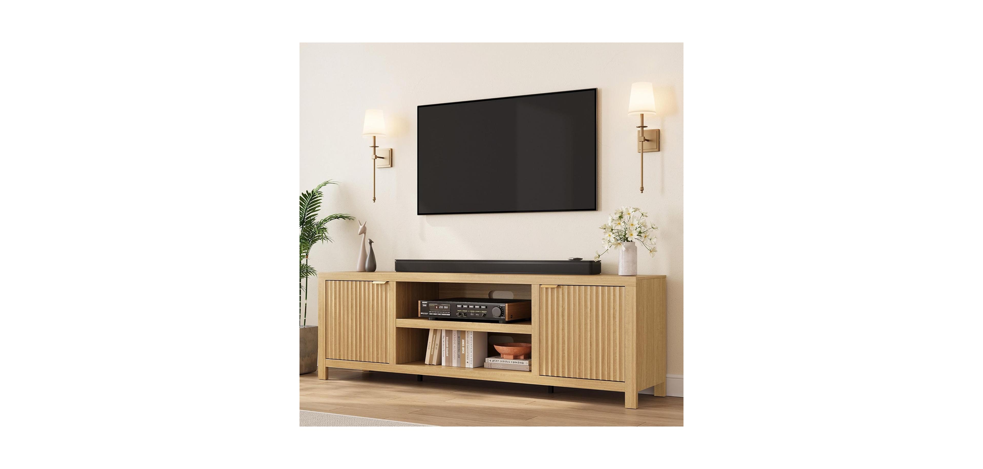 gaomon Fluted Tv Stand for 80 Inch Tv, Modern Entertainment Center with Storage & Gold Handles, Beige/Khaki
