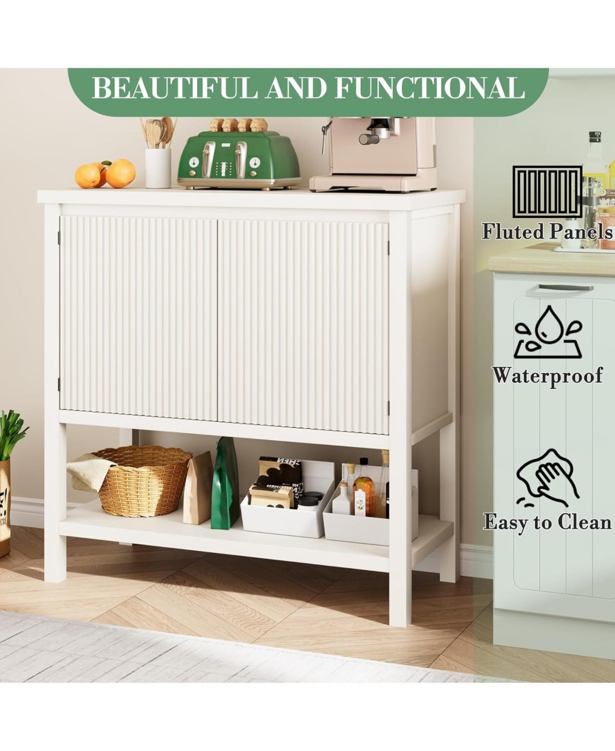 gaomon Farmhouse Console Table with Storage, Entryway Sofa Table with Fluted Door Cabinet, White