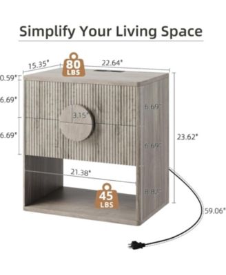 Nightstand Set of 2 with Charging Station, Fluted 2-Drawer End Tables with Open Storage for Bedroom, Grey