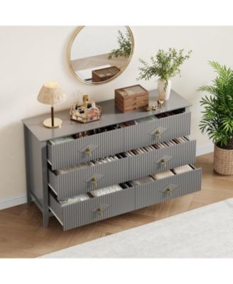 54" Wide Fluted Dresser, 6 Drawer Modern Wood Storage Chest for Bedroom or Entryway, Grey