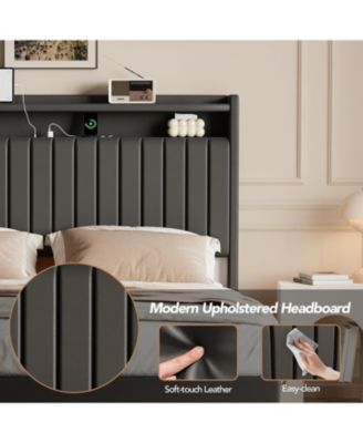 Full Floating Bed Frame with LED Lights & Charging Station, Upholstered PU Leather Platform Bed Frame with Storage Headboard - Queen
