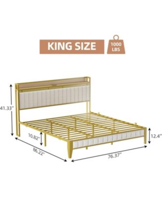 Bed Frame with Charging Station and Storage Headboard, Faux Leather Upholstered Metal Platform Bed, USB Port - King