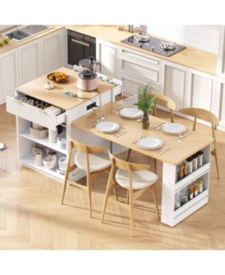 Fluted Kitchen Island with Extendable Dining Table, Power Outlet & Storage