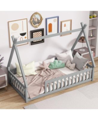 Twin Tent-shaped Floor Bed, Teepee Bed with Guardrails, Slats