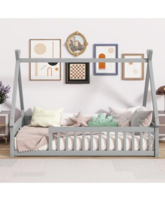 Twin Tent-shaped Floor Bed, Teepee Bed with Guardrails, Slats