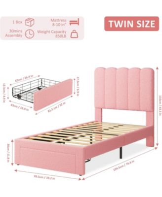 2 Sets Twin Bed Frame with Under-Bed Drawer, Upholstered Platform Bed with Wave Headboard for Kids/Girls, Wooden Slats Support