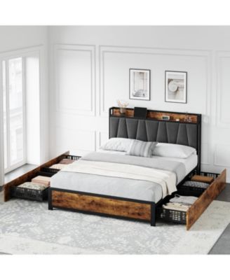 Bed Frame, Storage Headboard with Charging Station, Platform Metal Bed Frame with 4 Storage Drawers, No Box Spring Needed - Full