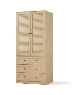 Armoire Wardrobe Closet with Drawers, 69.5" Wooden Wardrobe Cabinet with Hanging Rod & Doors