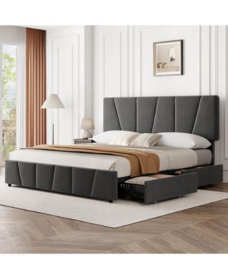 Bed Frame with Adjustable Headboard and 4 Storage Drawers, Soft Upholstered Platform Bed Frames with Wooden Slats Support
