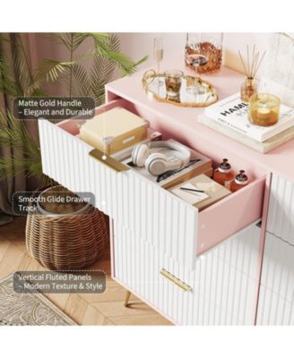 Fluted 8-Drawer Dresser for Bedroom, 55" Wide Modern Wooden Chest of Drawers, Pink