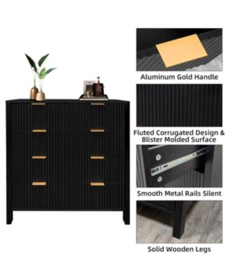 30" Fluted 4-Drawer Dresser, Modern Storage Cabinet with Gold Handles for Bedroom, Black