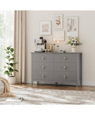 47" Wide Fluted Dresser, 6 Drawer Modern Wood Storage Chest for Bedroom or Living Room, Grey