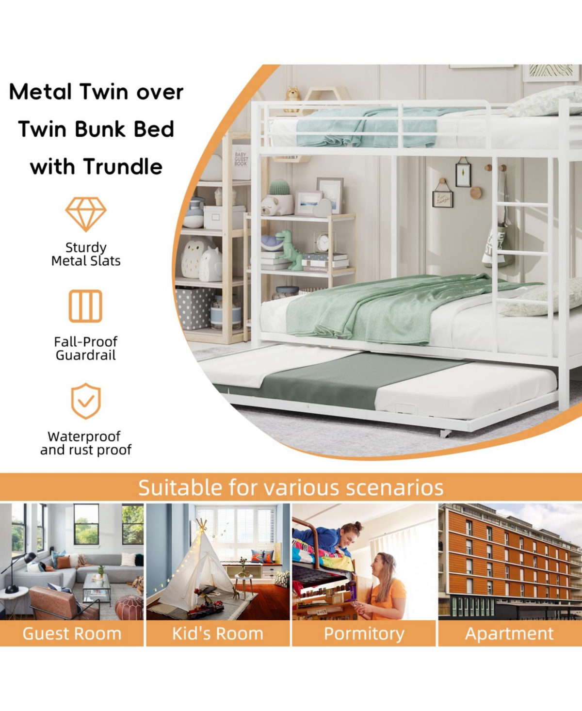 Streamdale Furniture Durable Square Tube Iron Bunk Bed with Safety Rails