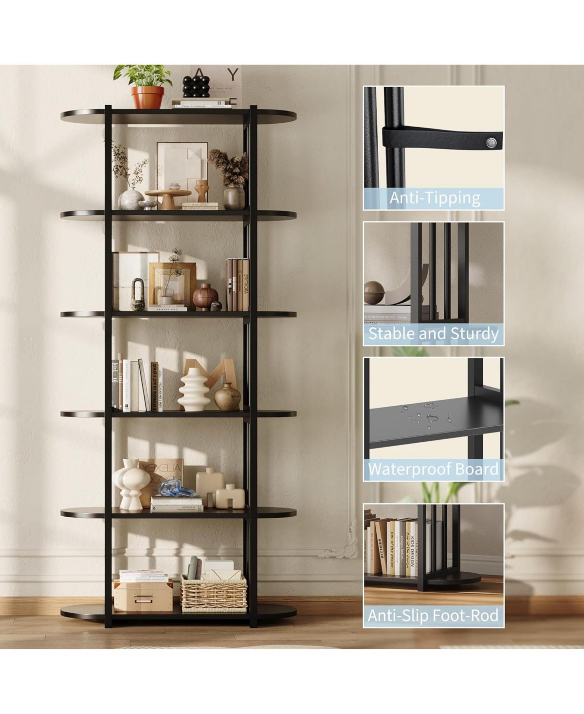 gaomon 6-Tier Wooden Bookshelf, 71" Industrial Tall Bookcase with Metal Frame for Living Room & Office