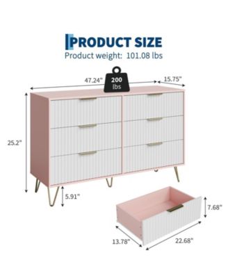 Fluted 6-Drawer Dresser for Bedroom, 47" Wide Modern Wooden Chest of Drawers, Pink