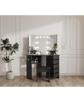 Corner Makeup Vanity Desk with Lights and Power Outlet, Rotating Drawers and Adjustable Shelves, Black