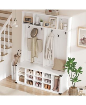 Hall Tree with Bench and Shoe Storage, Tall Farmhouse Entryway Coat Rack with Adjustable Shelf, White