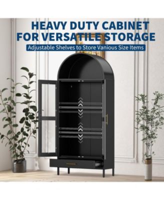 73" Tall Metal Arched Cabinet, Modern Kitchen Pantry with Glass Door, Adjustable Shelves and Drawers, Black
