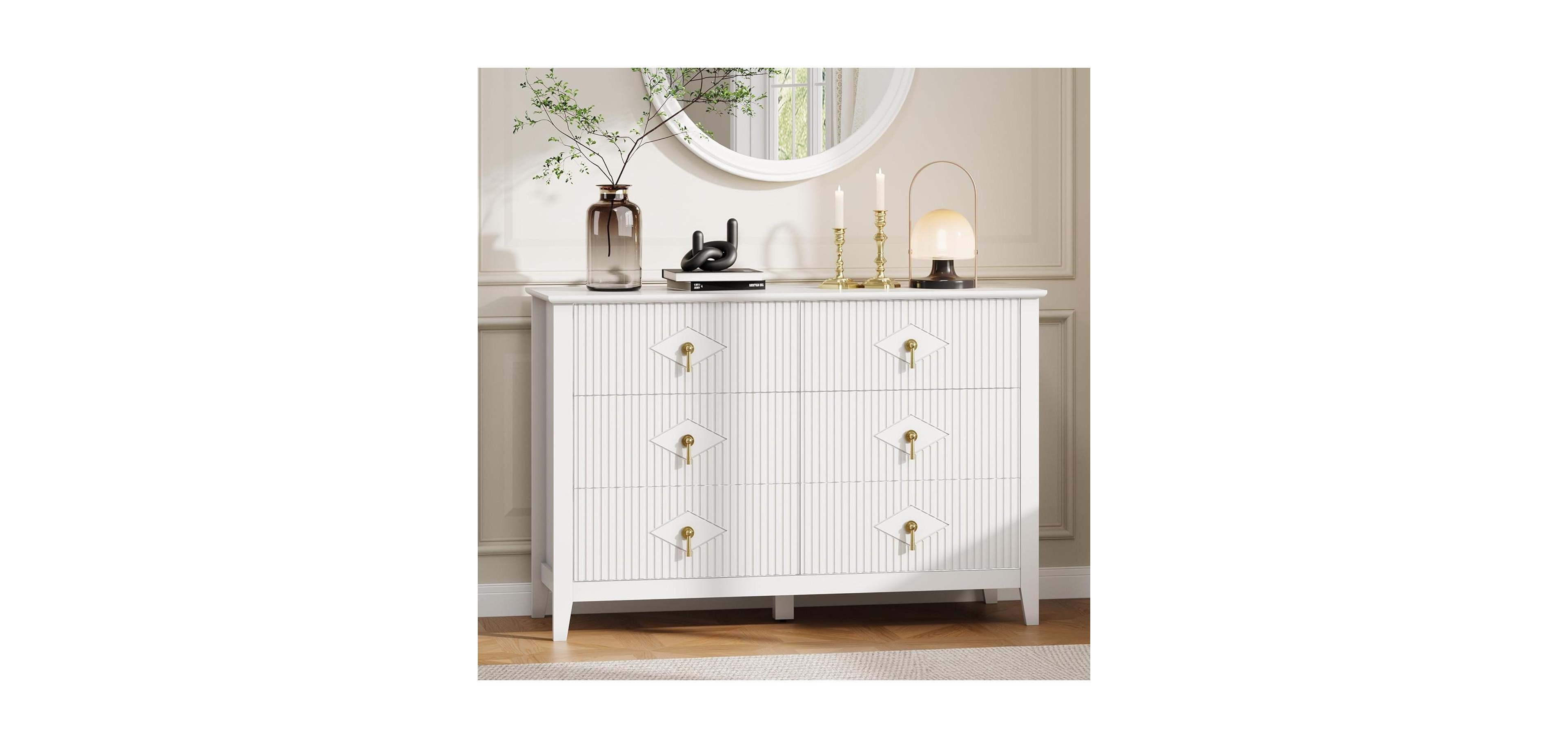 gaomon 47" Wide Fluted Dresser, 6 Drawer Modern Wood Storage Chest for Bedroom or Living Room, White