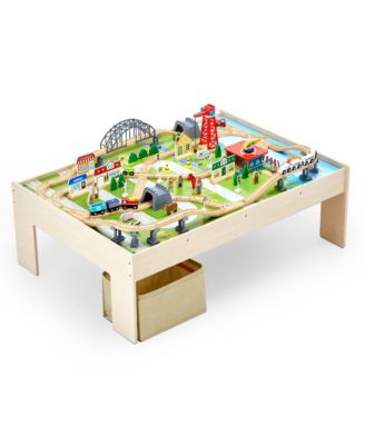 Train Table, 120 Multicolor Pieces Wooden Kids Activity Table with Collapsible Storage Bin