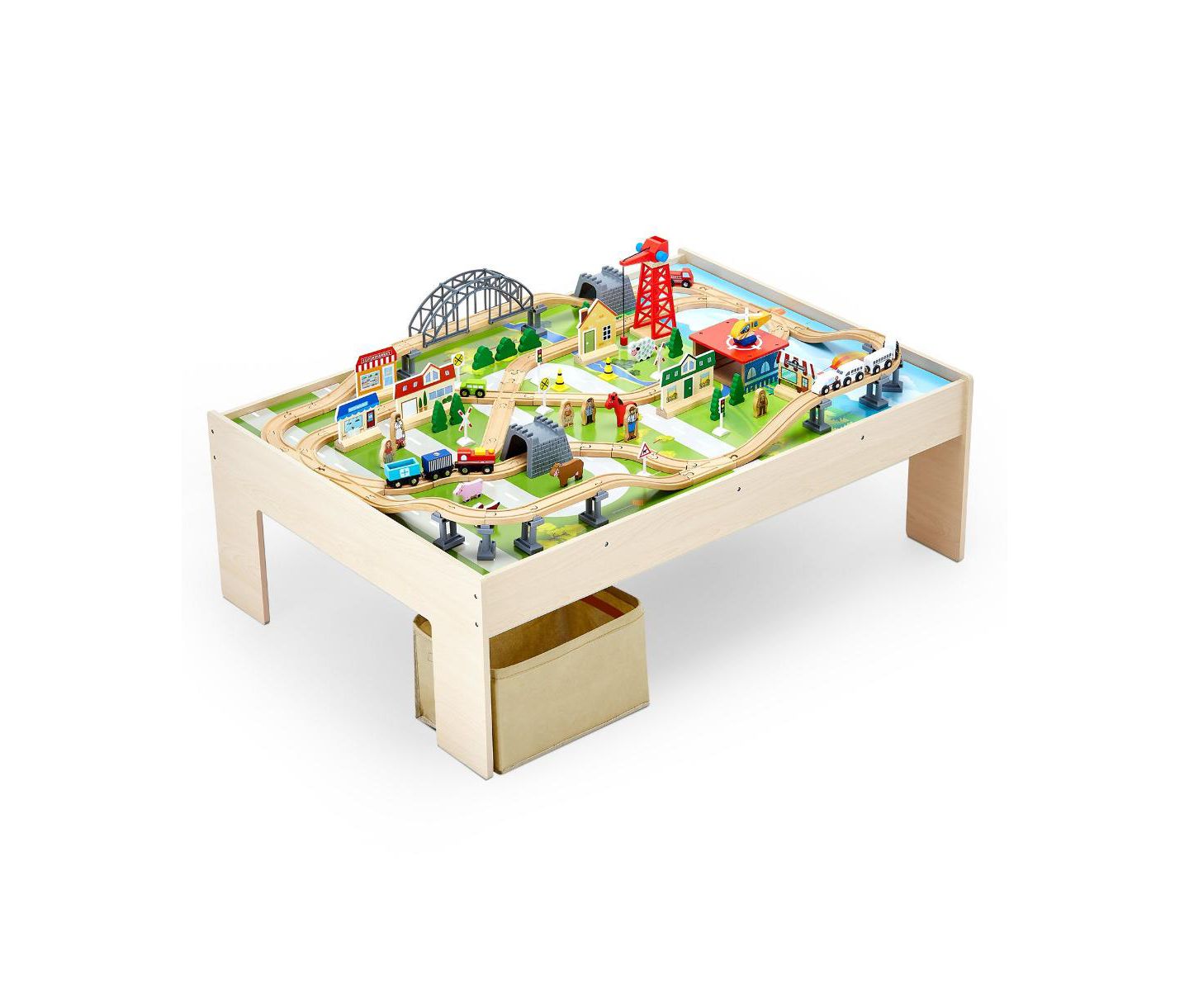 Детские игрушки Slickblue Train 120-Piece Wooden Activity Table with Collapsible Storage, цвет: Натуральный — фото 1