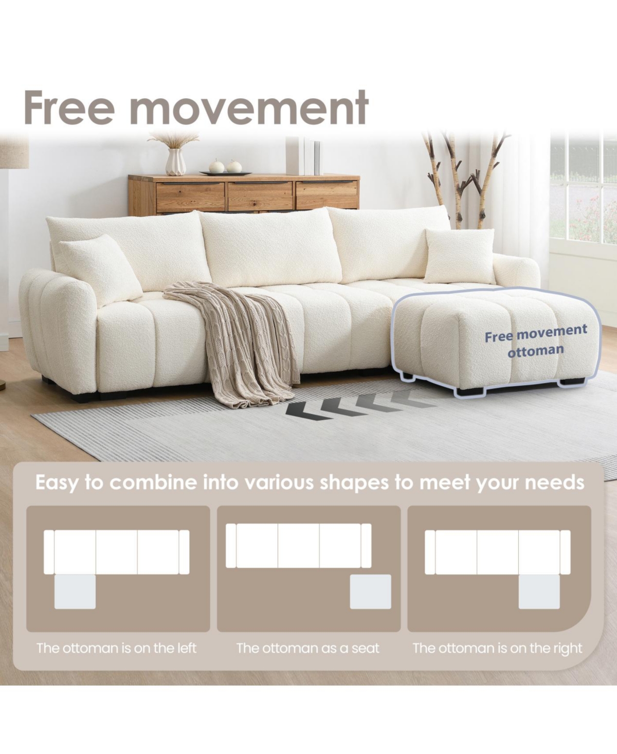 Streamdale Furniture 110" Modular Sectional Sofa, L-Shape, Extra-Large Seat, Movable Ottoman, Boucle Fabric