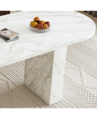  62.9" Oval Marble Dining Table, Wood Base, Modern Farmhouse