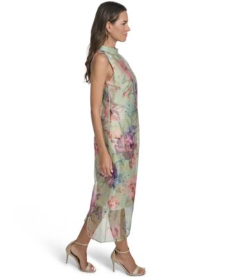 Women's Printed Overlay Mock Neck Midi Dress