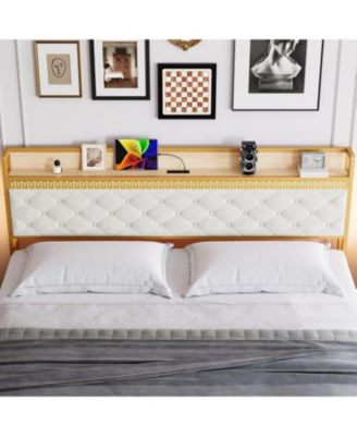 LED Platform Bed Frame with Storage Drawers, Noise-Free Support with Wood Slats, Gold Metal Frame with Beige Fabric Fabric - King