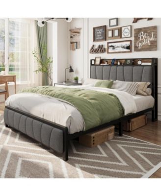 Full Platform Bed Frame with Storage Drawers and Charging Station, Upholstered Bed with Headboard Shelf, Large Underbed Storage - Queen