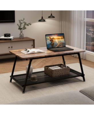 Coffee Table Industrial Center Table 2-Tier Living Room with Mesh Shelf Rectangle Wood Cocktail Table Metal Frame, Easy to Assemble