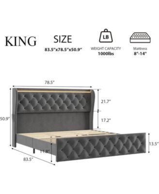  LED Platform Bed Frame with Charging Station, Velvet Upholstered Bed Frame with Button Wingback Headboard, No Box Spring Needed