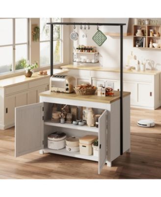 42" Kitchen Island with Storage, Heavy Duty Mobile Cart with Solid Wood Top, Shelves & Hooks