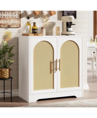 Sideboard Buffet Cabinet with 2 Rattan Doors & Shelves, Modern Credenza Coffee Bar Cabinet