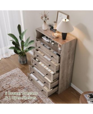 5-Drawer Wooden Dresser with LED Lights & Charging Station, Modern Nightstand Chest for Bedroom