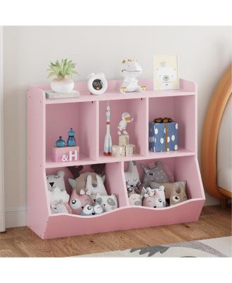 Kids Toy Storage Organizer with Bookshelf, Wooden Toy Cabinet and Book Rack for Playroom