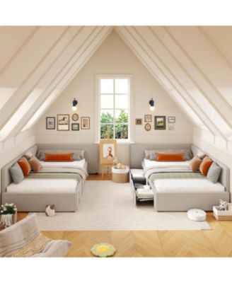 Twin Daybed with storage drawers, velvet upholstered corner bed with headboard, modern kids bed with rails for living room or bedroom.