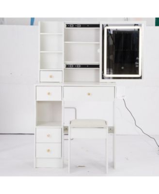 2-Piece Wood Vanity Table Set with Drawer, Cushioned Stool, LED Mirror, Power Outlets, Hairdryer Holder