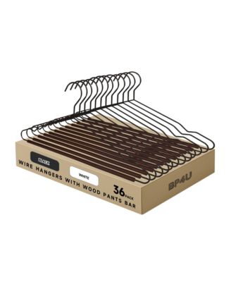 36-Pack Heavy Duty Metal Coat Hangers with Wooden Pants Bar, Reinforced Wire Hangers with Beech Wood Trouser Bar for Suits