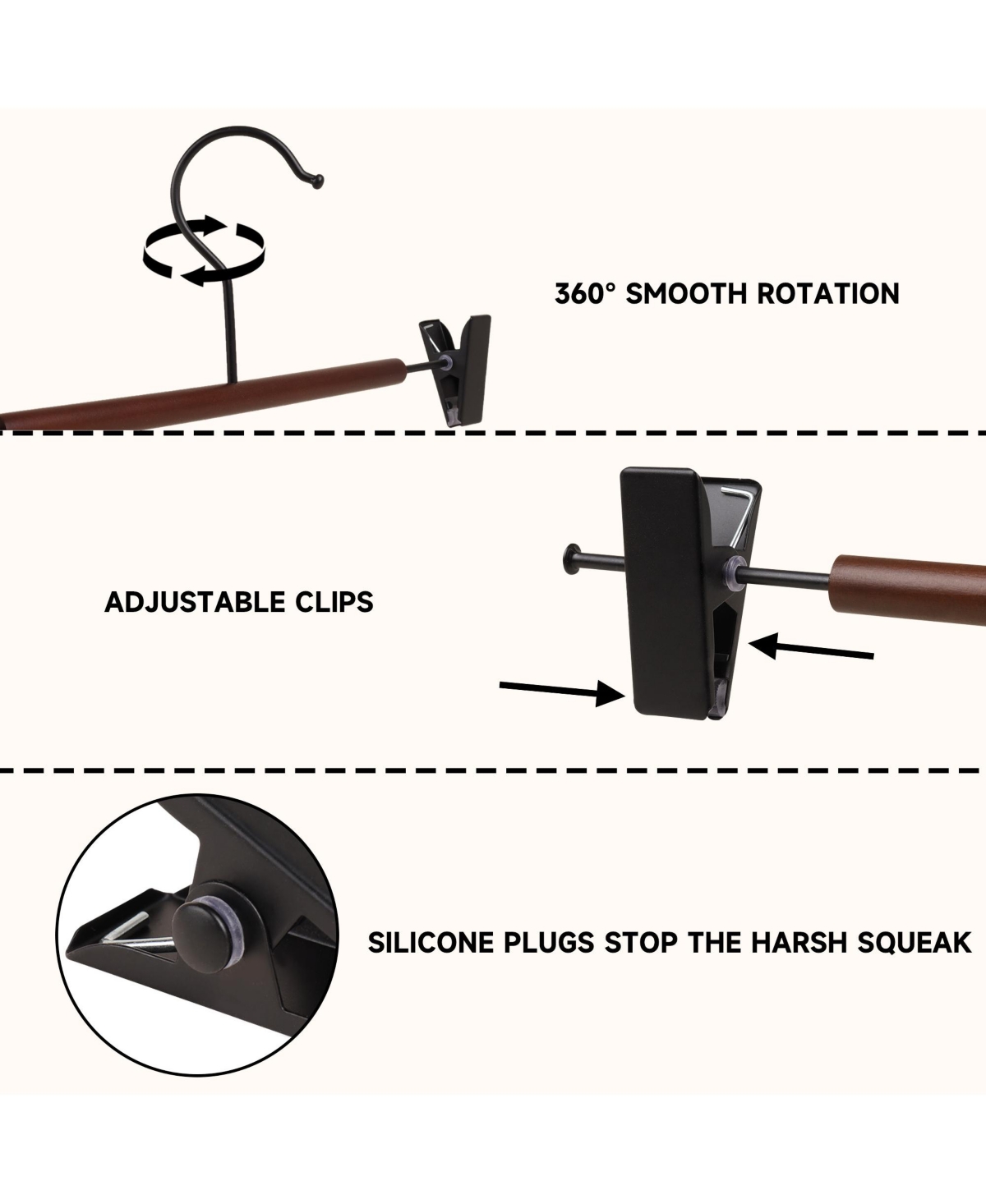 BP4U 12-Pack Metal Pants Hangers with Adjustable Clips, Premium Beech Wood Skirt Bottom for Trousers, Jeans, Shorts, Socks