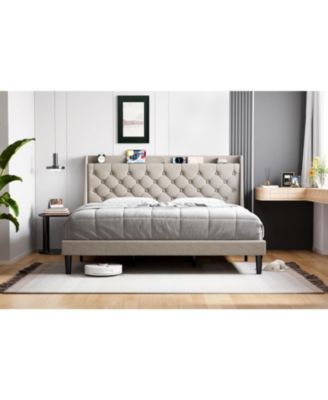 King Linen Upholstered Platform Bed Frame with Wingback Headboard Built-in Storage Shelf Power Outlets USB Ports Wood Slats Underbed Space